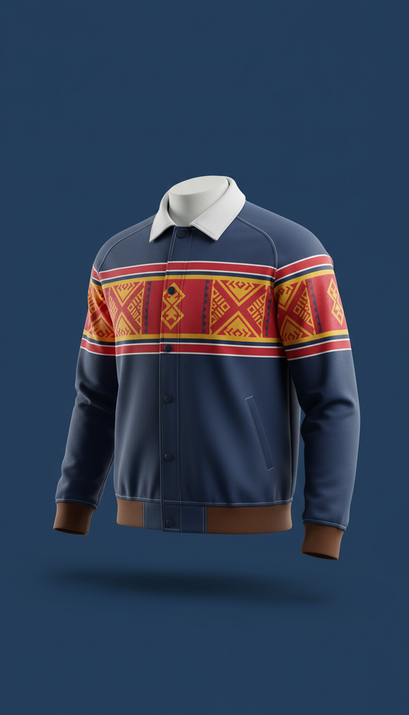 Tonga Heritage Rugby Jacket with embroidered crest and bold red panels showing traditional patterns