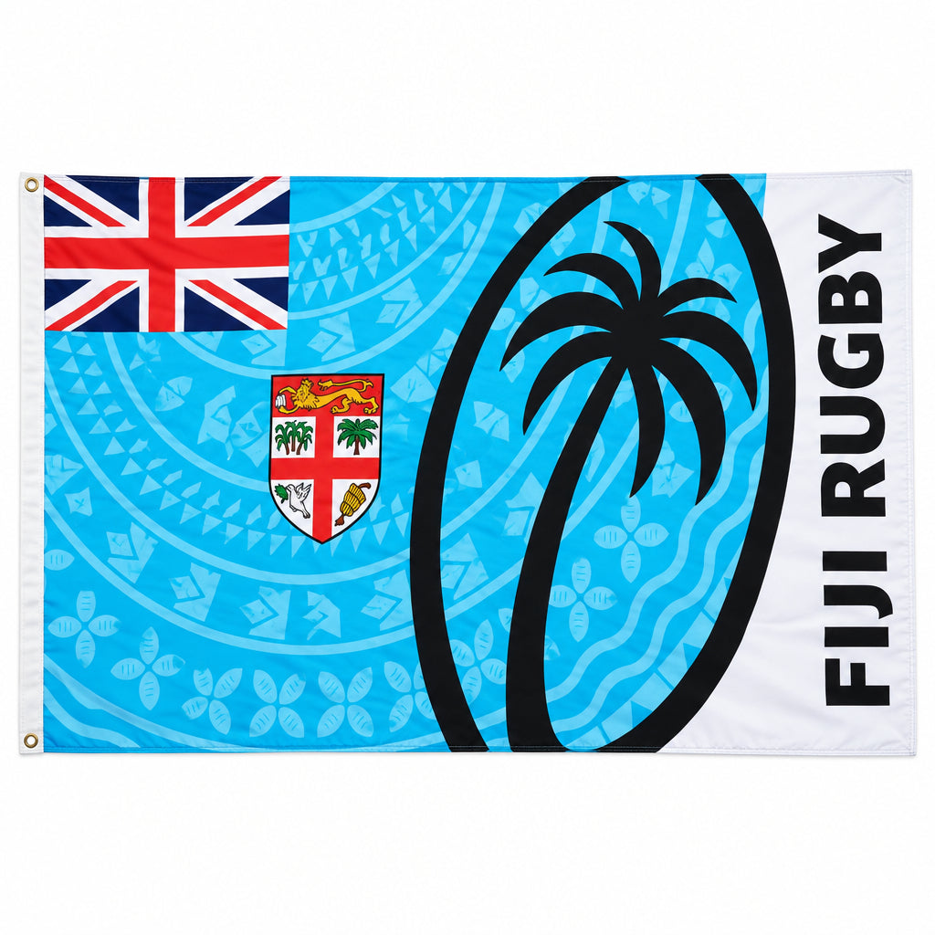Fiji Rugby Sulu flag in blue and white polyester, featuring a black palm tree, Union Jack and crest