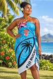 Fiji Rugby Sulu in vibrant blue patterned fabric, featuring Fiji flag and rugby crest with tied wrap design
