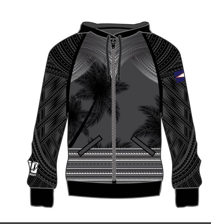 Black American Samoa zip up hoodie with tribal patterns and flag emblem, size 4XL