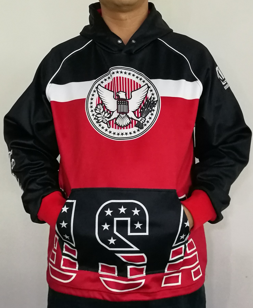 USA SEAL Hoodie with embroidered sleeves and digital print in black, red, and white colors, cotton/poly fleece material