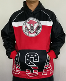 USA SEAL Hoodie with embroidered sleeves and digital print in black, red, and white colors, cotton/poly fleece material