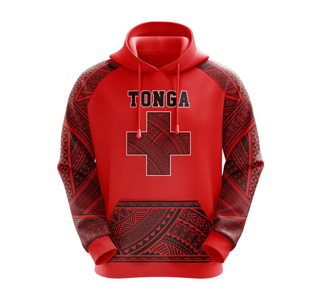 Red Tonga cross Ngatu design sublimation hoodie with tribal patterns